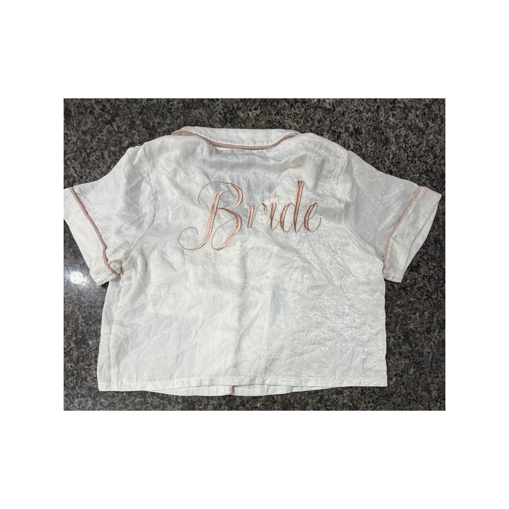 Missguided Bride Pajama Top White Rose Gold Embroidered Crop Button‎ Up US 6